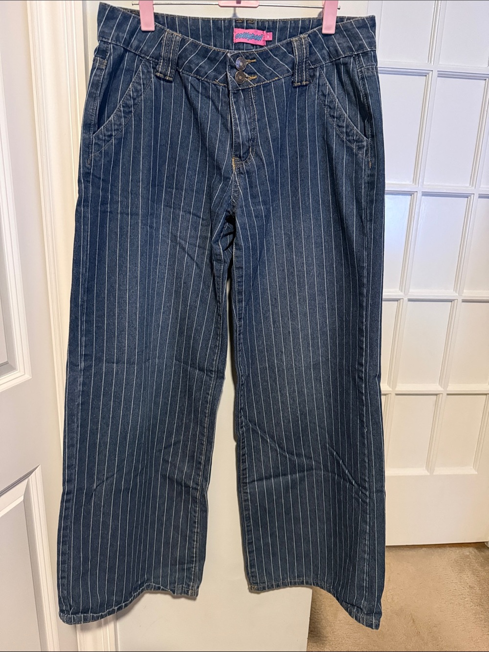 Edikted Dark Navy Pinstripe Wide Leg Jeans